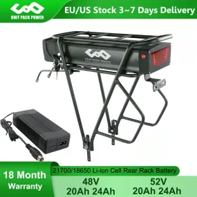 21700/18650 Rear Rack eBike Battery 52V 48V 31.5Ah 28Ah 24Ah 20Ah With Luggage for 2000W 1500W 1000W 750W 500W 24&quot;-28 inch Motor