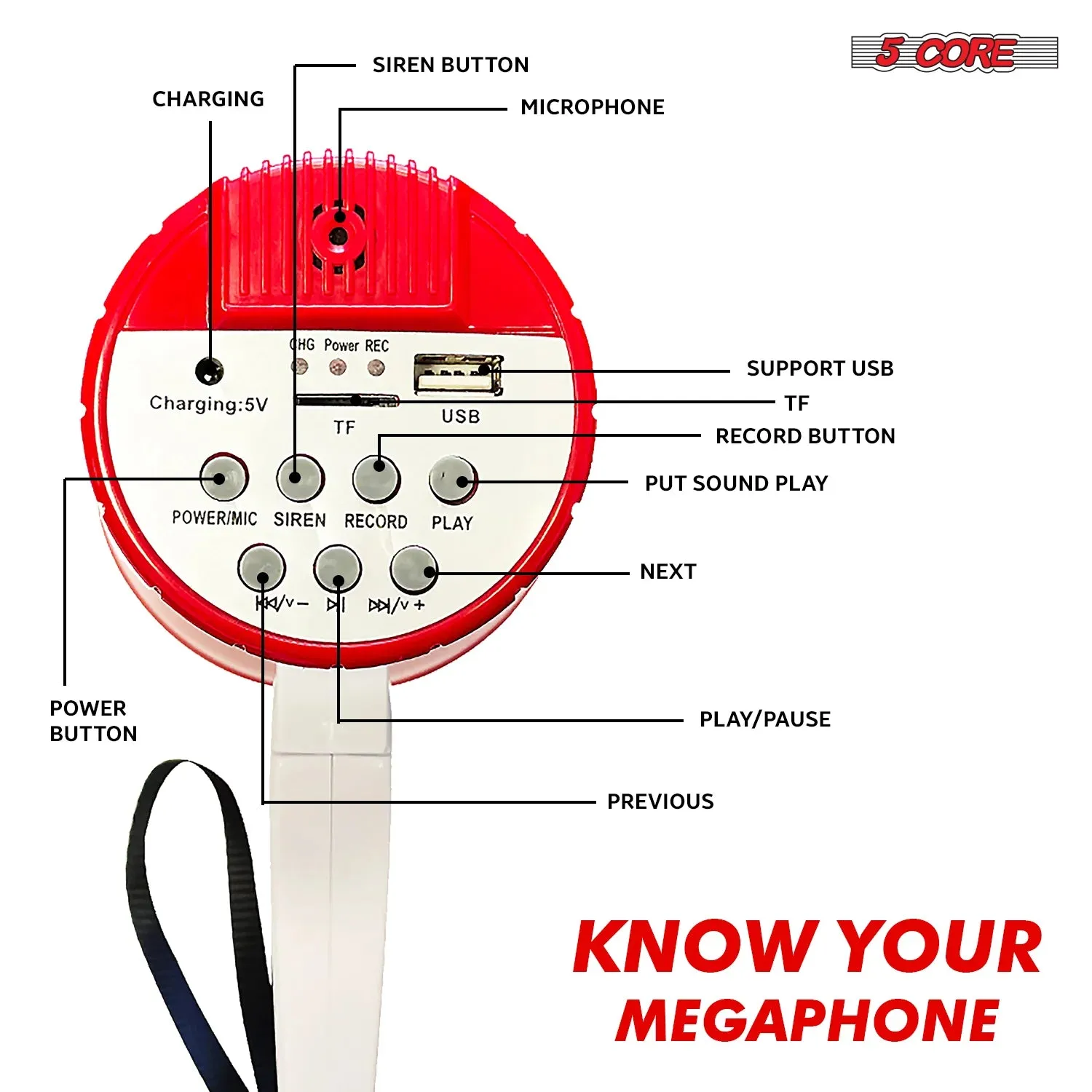 5 Core Megaphone Bullhorn Speaker 30W Bull Horn Rechargeable Cheer Megafono 800 Yards