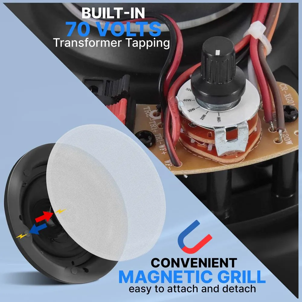6.5’’ In-Wall / In-Ceiling 70V Speaker - Flush Mount Low-Profile Speaker With 70 Volt Transformer, Magnetic Grill (500 Watt)