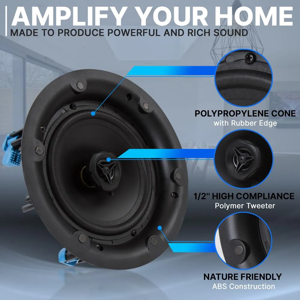 6.5’’ In-Wall / In-Ceiling 70V Speaker - Flush Mount Low-Profile Speaker With 70 Volt Transformer, Magnetic Grill (500 Watt)