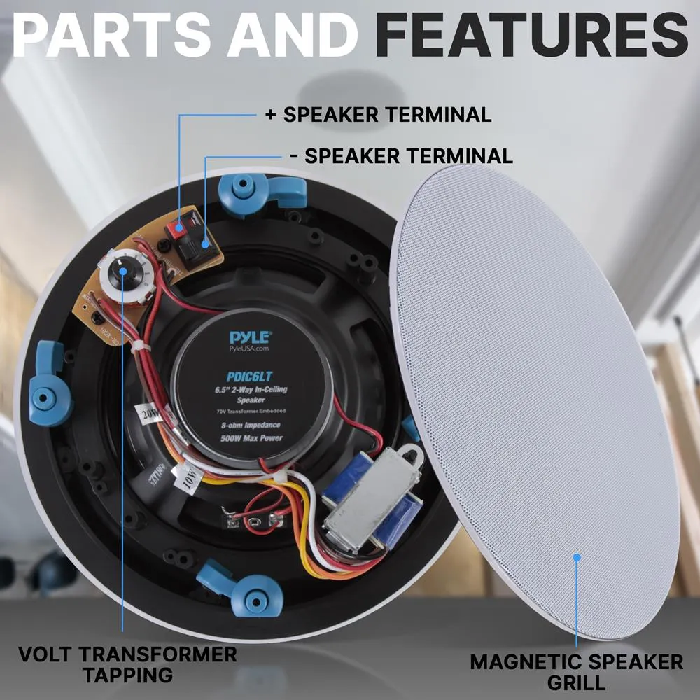 6.5’’ In-Wall / In-Ceiling 70V Speaker - Flush Mount Low-Profile Speaker With 70 Volt Transformer, Magnetic Grill (500 Watt)