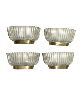 A lovely pair of 1940s Art Deco opaque Murano glass ribbed wall sconces by Seguso with brass wall mounts