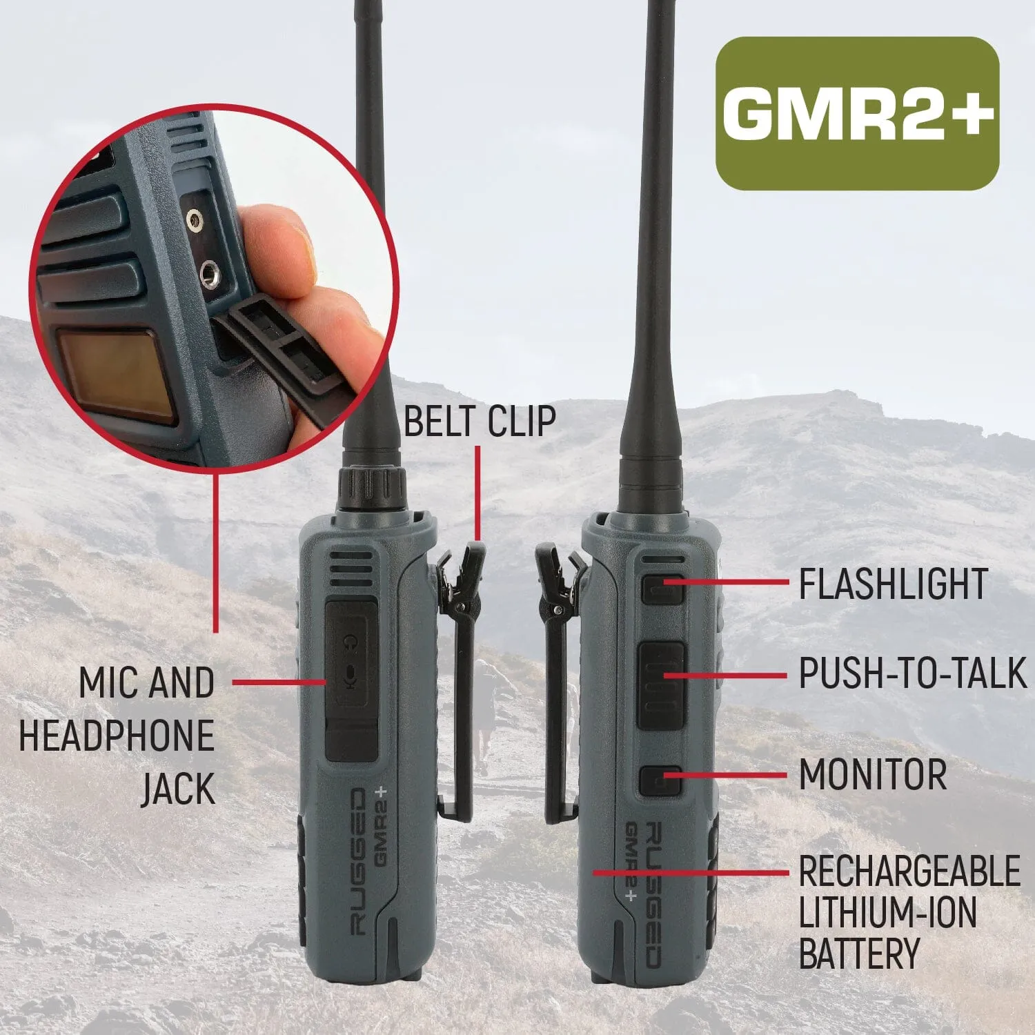 ADVENTURE PACK -  2 PACK - GMR2 PLUS GMRS and FRS Two Way Handheld Radios with XL Batteries and Long Range Antennas - Grey