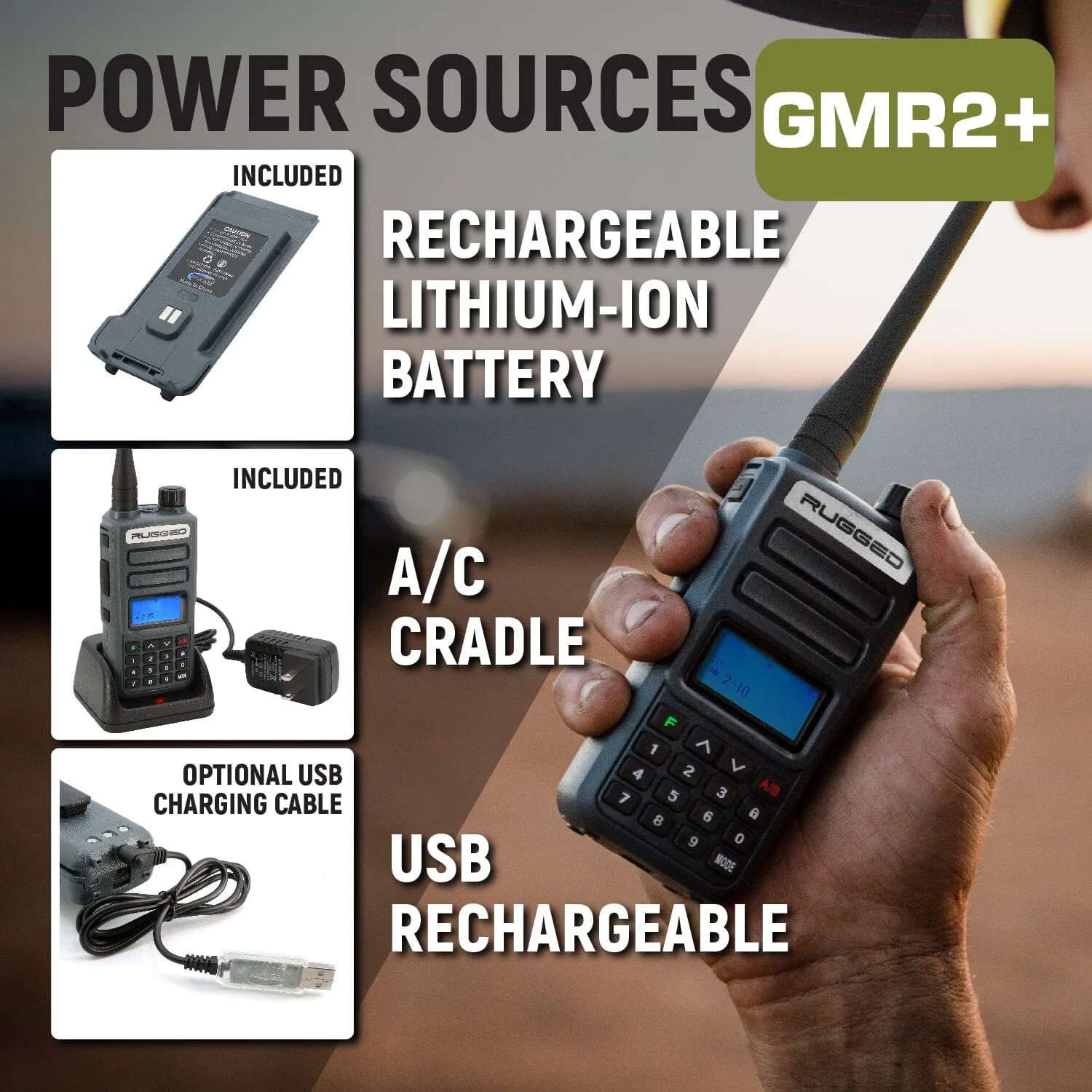 ADVENTURE PACK -  2 PACK - GMR2 PLUS GMRS and FRS Two Way Handheld Radios with XL Batteries and Long Range Antennas - Grey
