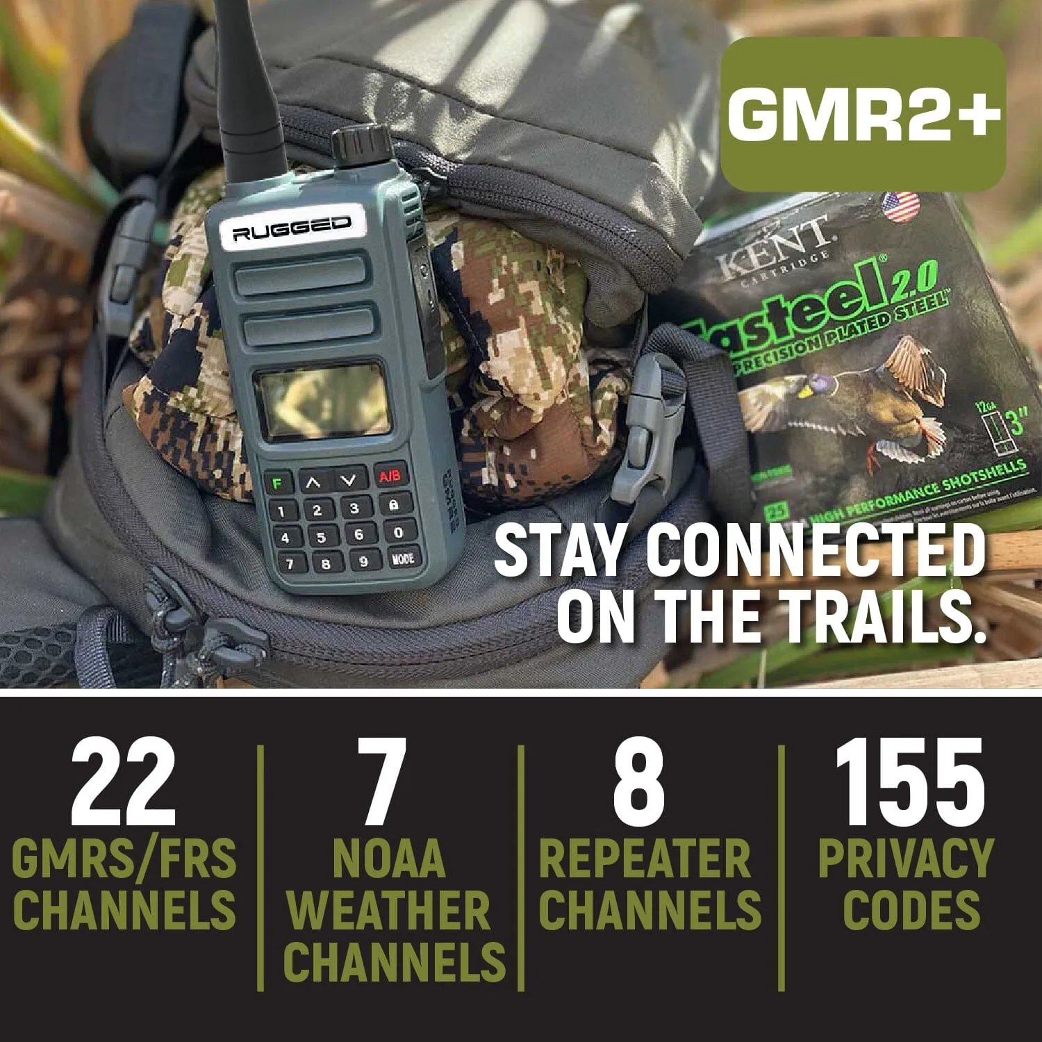 ADVENTURE PACK -  2 PACK - GMR2 PLUS GMRS and FRS Two Way Handheld Radios with XL Batteries and Long Range Antennas - Grey