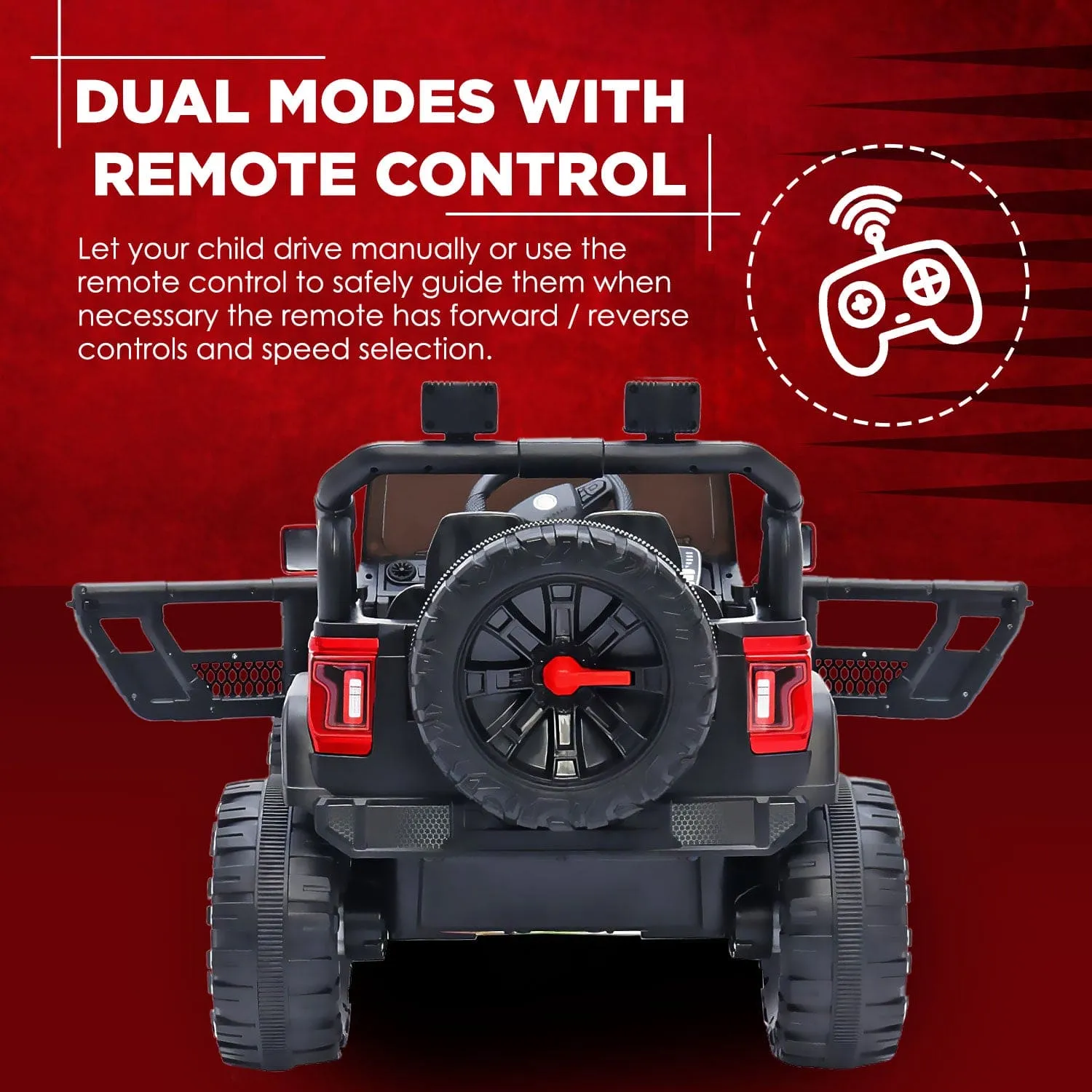 Baby Moo Ride On Jeep For Kids With Rechargeable 12V Battery Remote Control Double Seat - Red