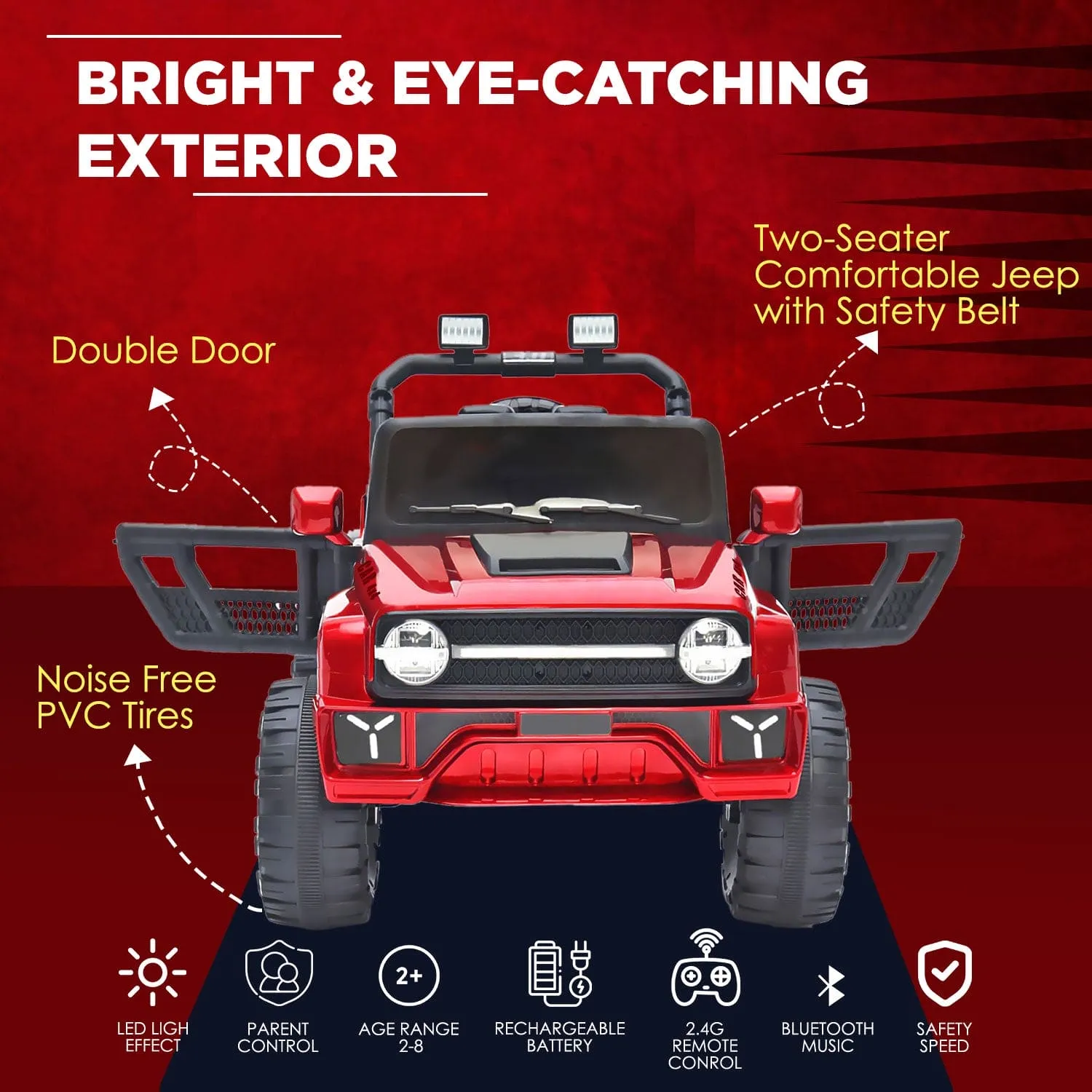 Baby Moo Ride On Jeep For Kids With Rechargeable 12V Battery Remote Control Double Seat - Red