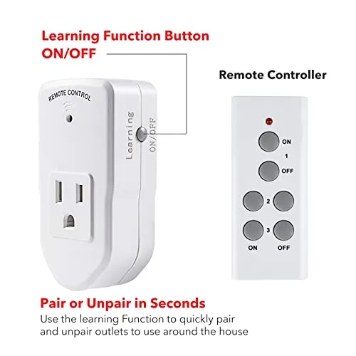 BN-LINK Wireless Remote Control Electrical Outlet Switch for Lights, Fans, Christmas Lights, Small Appliance, Long Range White 10A/1200W, 1 Remote   1 Outlet