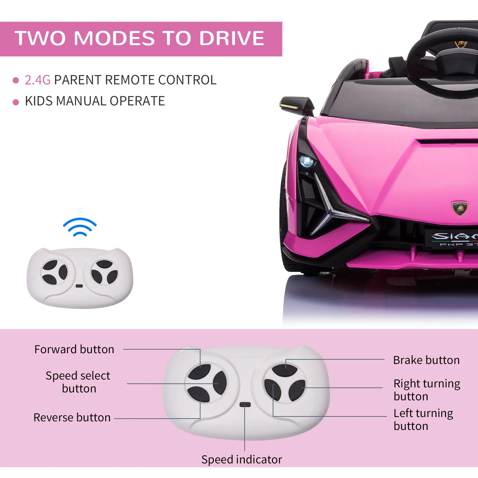 Compatible 12V Battery-powered Kids Electric Ride On Car Lamborghini SIAN Toy with Parental Remote Control Lights MP3 for 3-5 Years Old Pink