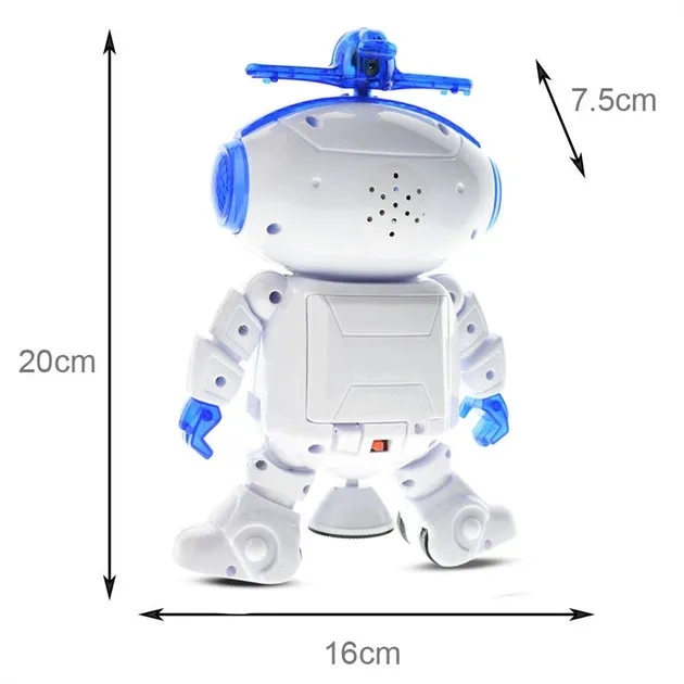 Dancing Robot Battery Toy with 360° Spinning, Lights & Music - White