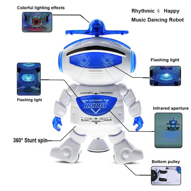 Dancing Robot Battery Toy with 360° Spinning, Lights & Music - White