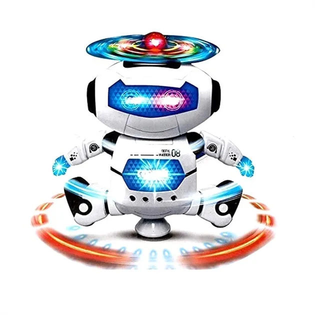 Dancing Robot Battery Toy with 360° Spinning, Lights & Music - White