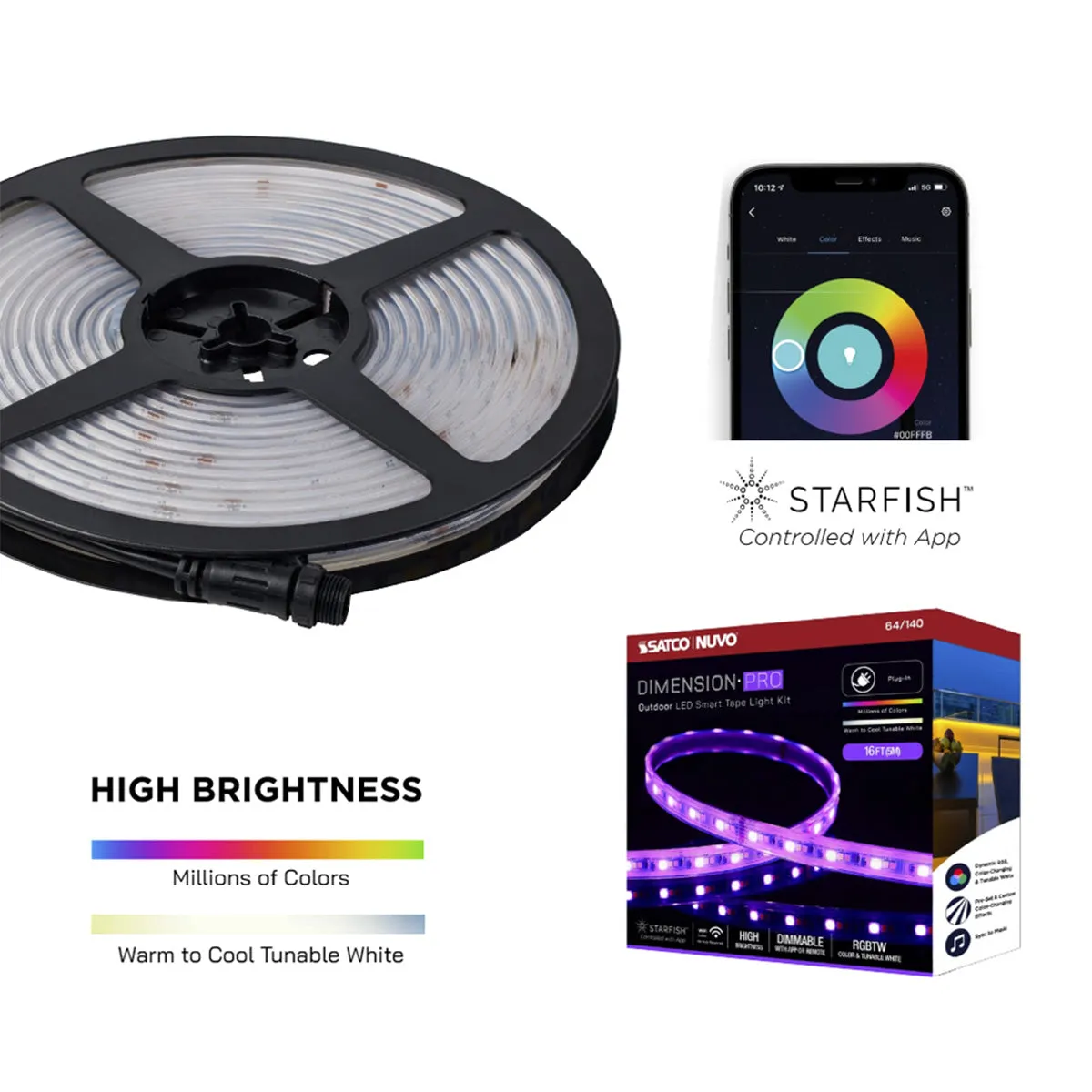 Dimension Pro Outdoor Smart LED Tape Light Kit with Remote, 16ft Reel, Color Changing RGB and Tunable White, 24V, Plug Connection