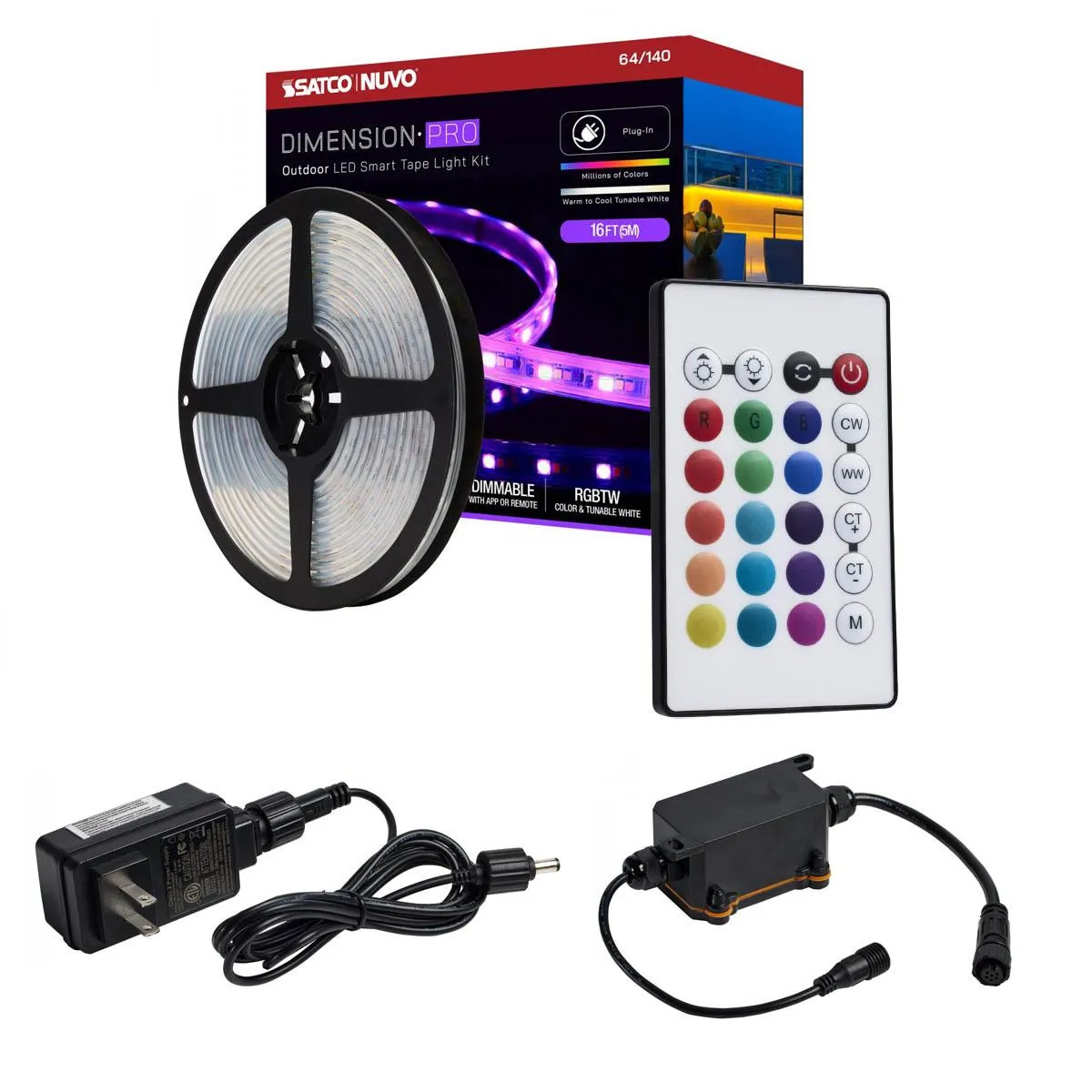 Dimension Pro Outdoor Smart LED Tape Light Kit with Remote, 16ft Reel, Color Changing RGB and Tunable White, 24V, Plug Connection