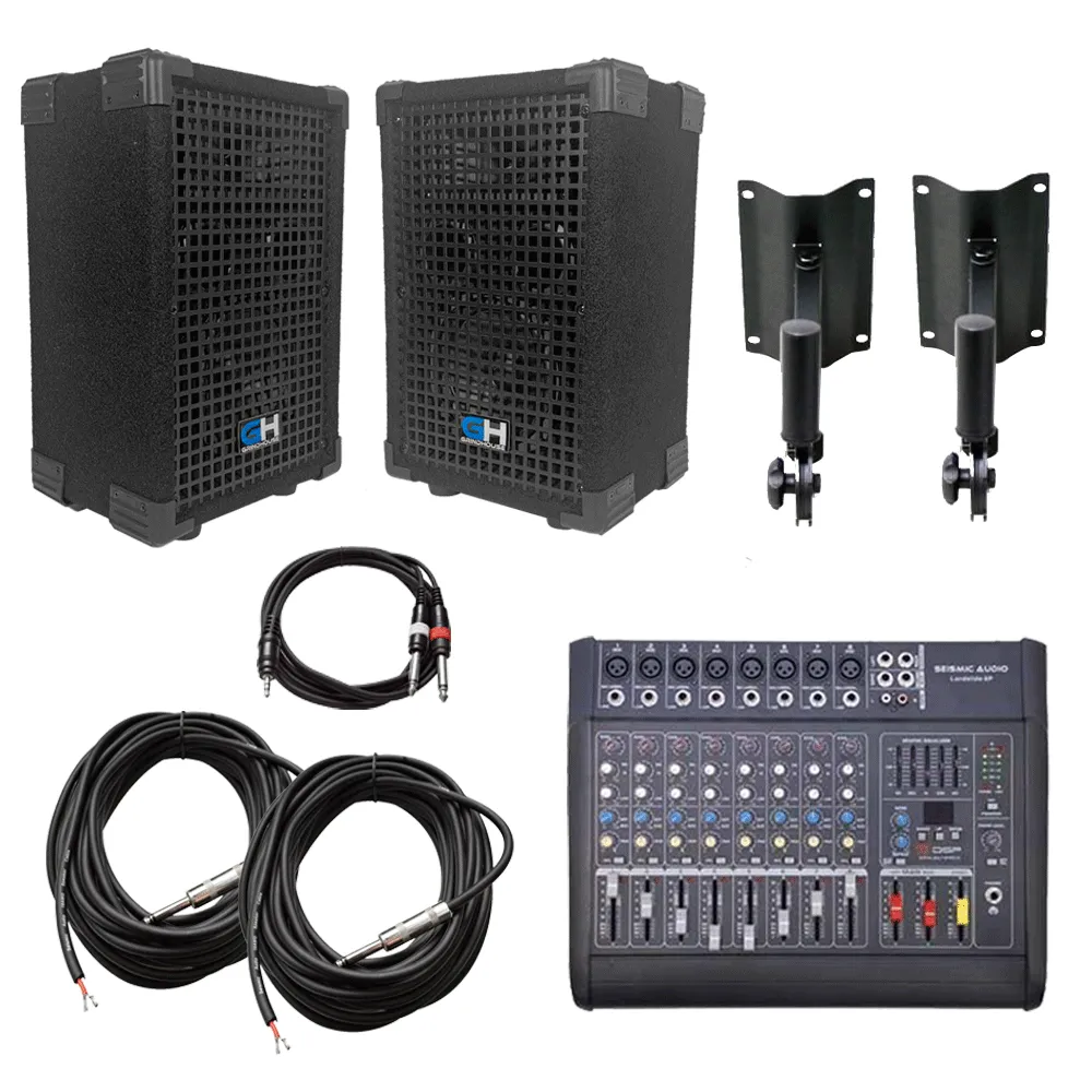 GH5L-PA Package - Pair of 5" PA Speakers, Wall Mounts, 8 Channel Powered Mixer, and Cables
