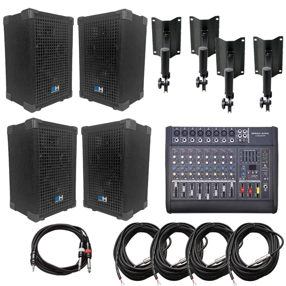 GH6L-PA Package - Four 6" PA Speakers, Wall Mounts, 8 Channel Powered Mixer, and Cables