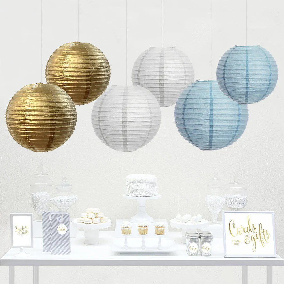 Gold, Baby Blue, White Hanging Paper Lanterns Decorative Kit