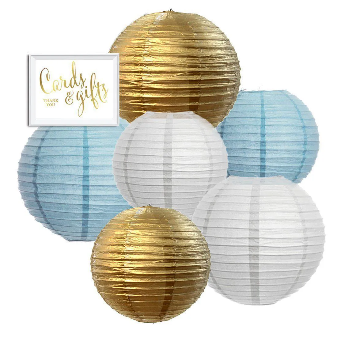 Gold, Baby Blue, White Hanging Paper Lanterns Decorative Kit