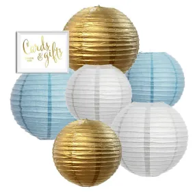 Gold, Baby Blue, White Hanging Paper Lanterns Decorative Kit