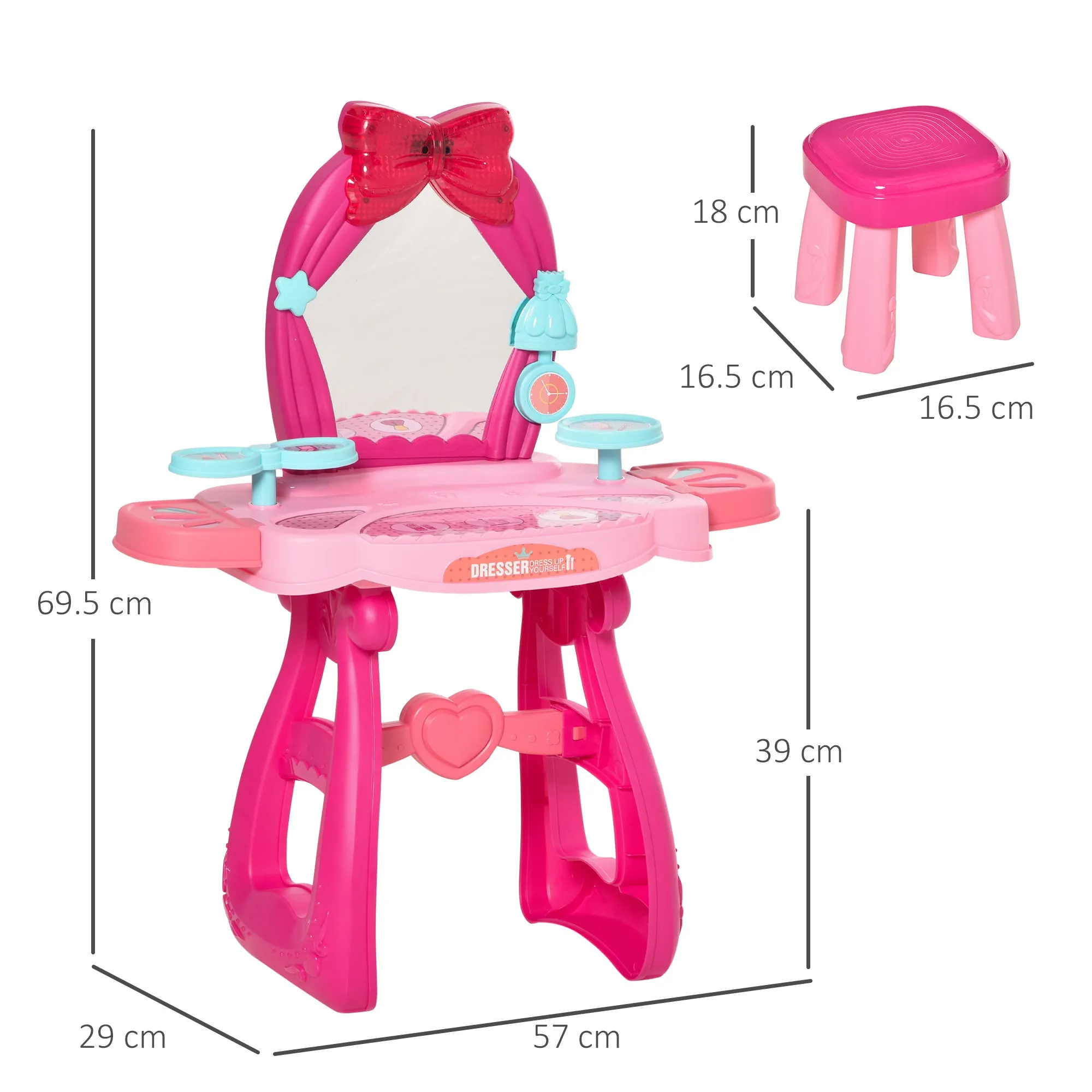 HOMCOM 36 Pcs Kids Vanity Dressing Table w/ Stool Lights Music Bright Red Pink