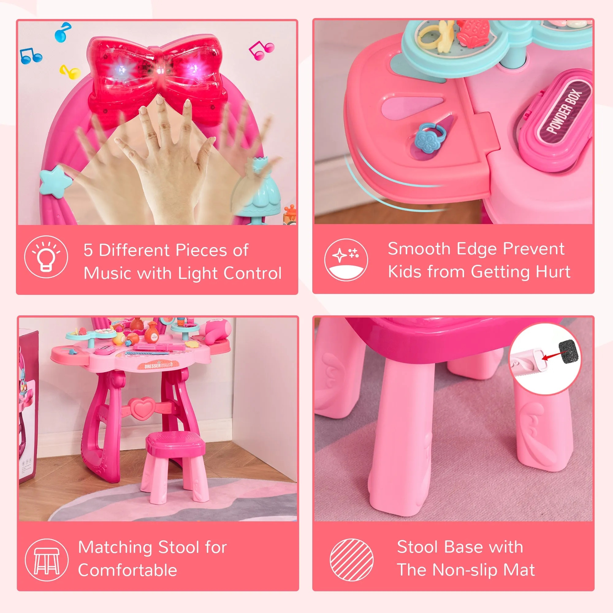HOMCOM 36 Pcs Kids Vanity Dressing Table w/ Stool Lights Music Bright Red Pink