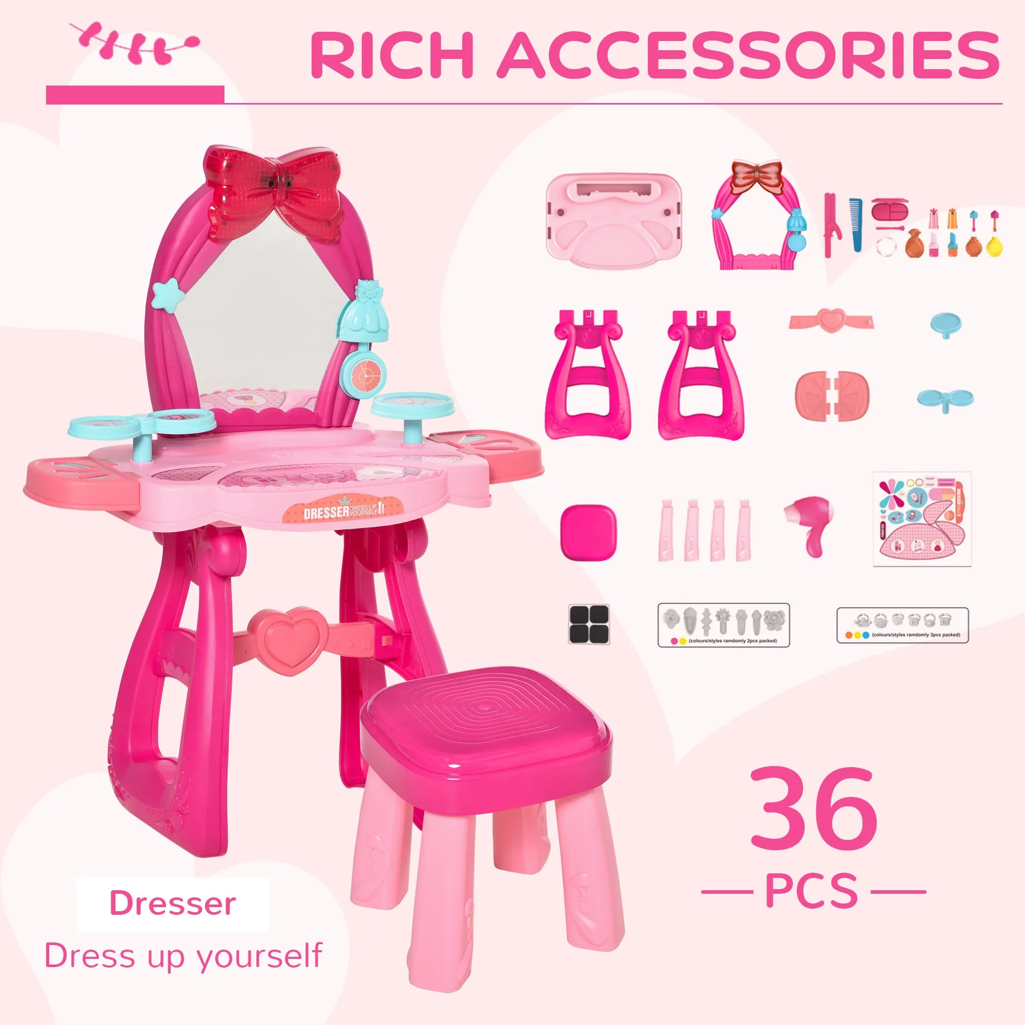 HOMCOM 36 Pcs Kids Vanity Dressing Table w/ Stool Lights Music Bright Red Pink
