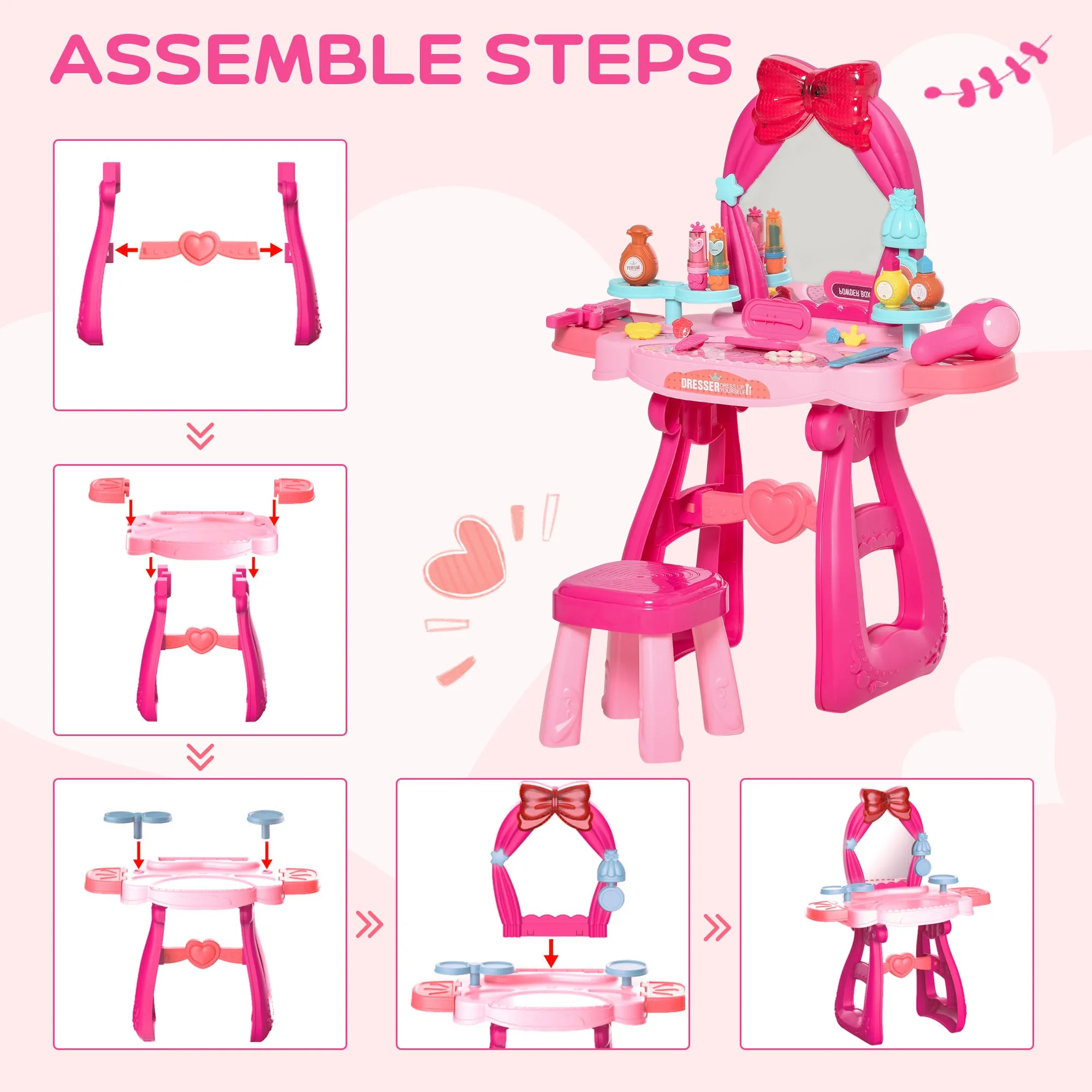 HOMCOM 36 Pcs Kids Vanity Dressing Table w/ Stool Lights Music Bright Red Pink