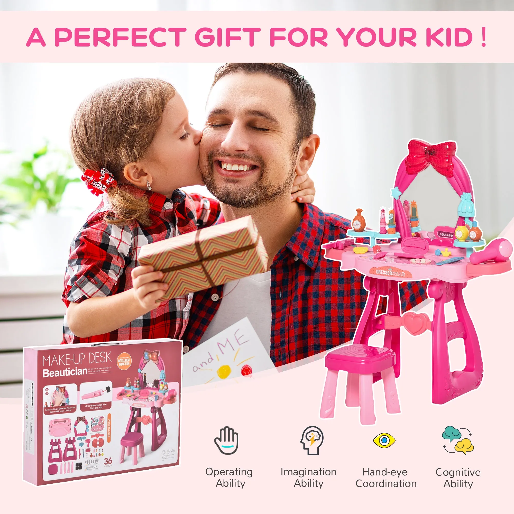 HOMCOM 36 Pcs Kids Vanity Dressing Table w/ Stool Lights Music Bright Red Pink