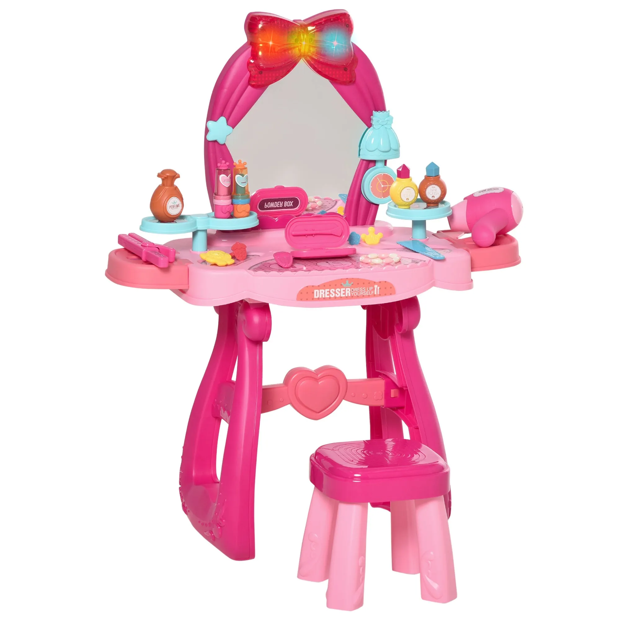 HOMCOM 36 Pcs Kids Vanity Dressing Table w/ Stool Lights Music Bright Red Pink