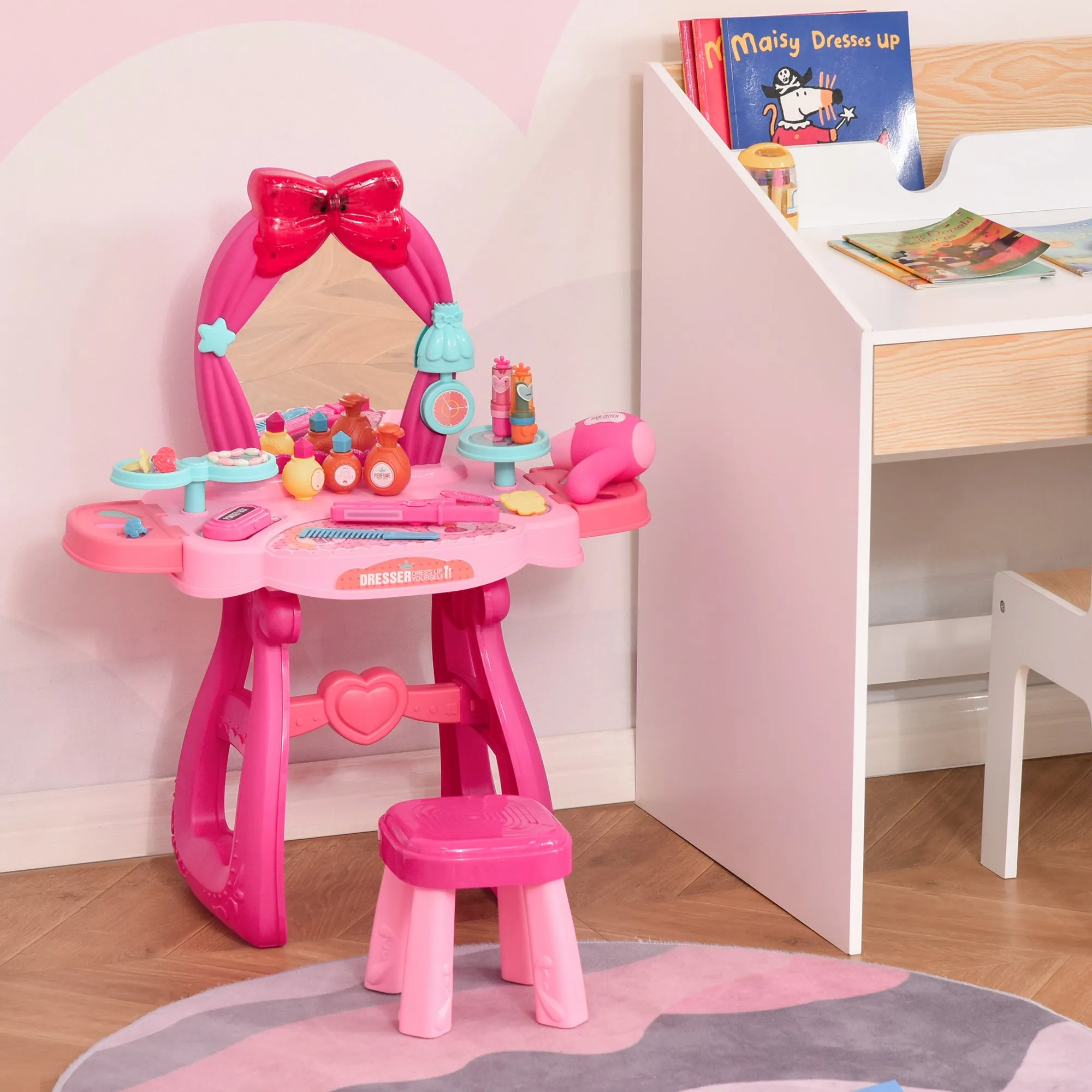 HOMCOM 36 Pcs Kids Vanity Dressing Table w/ Stool Lights Music Bright Red Pink