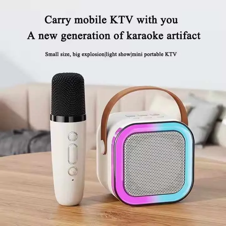 K12 Mini Portable Bluetooth Karaoke Speaker with Wireless Microphone & RGB LED Lights – 5W Audio Sound Box