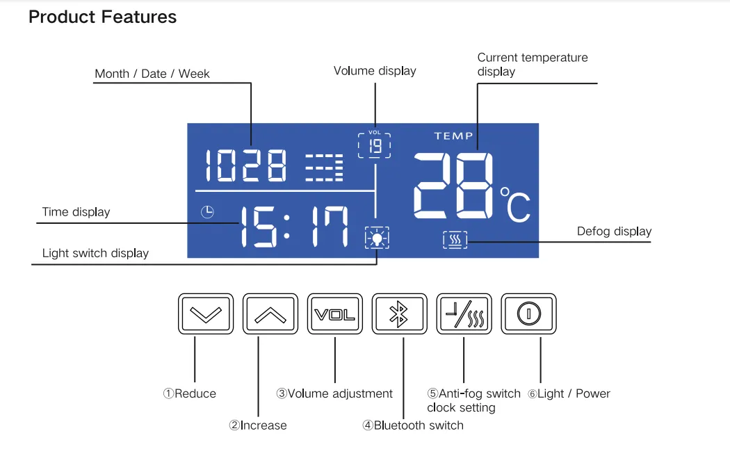 Matt Framed LED Mirror | Demister | BLUETOOTH |  Three Lights Colors | DATE/TIME/TEMP Display| 900*750