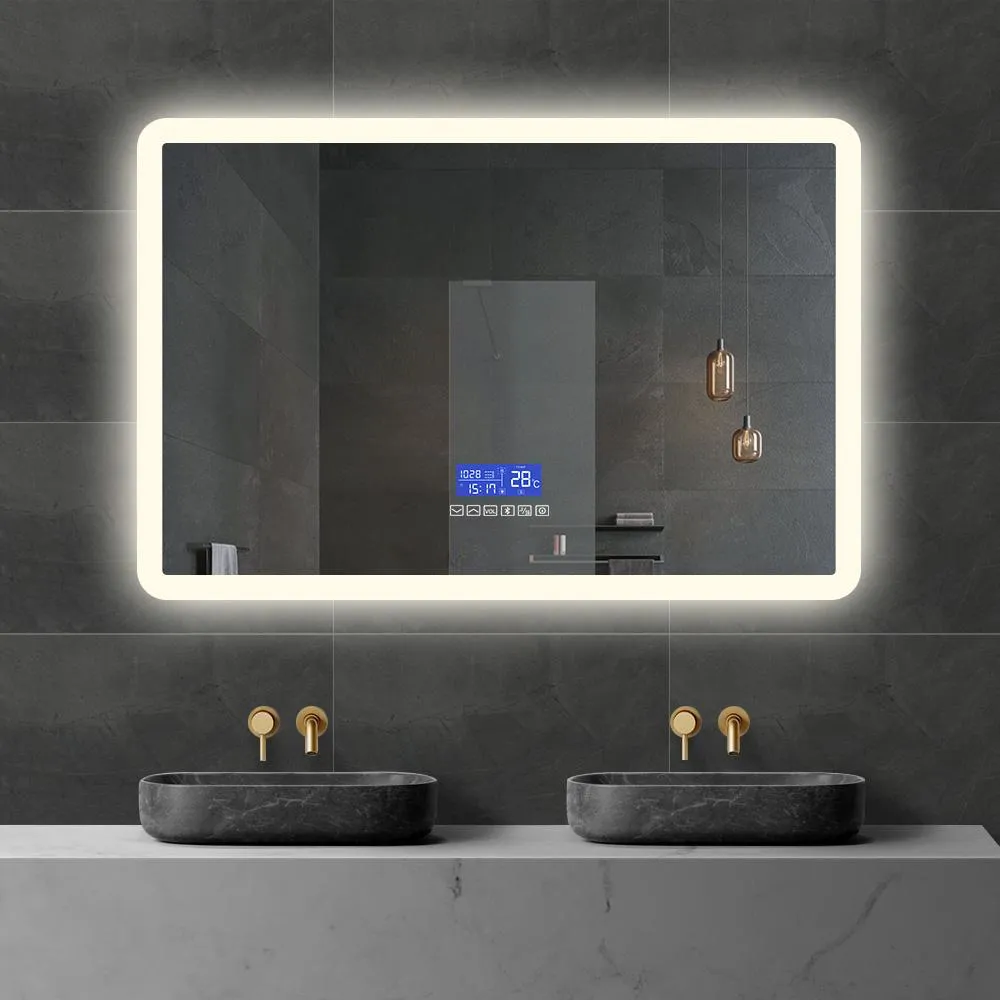 Matt Framed LED Mirror | Demister | BLUETOOTH |  Three Lights Colors | DATE/TIME/TEMP Display| 900*750