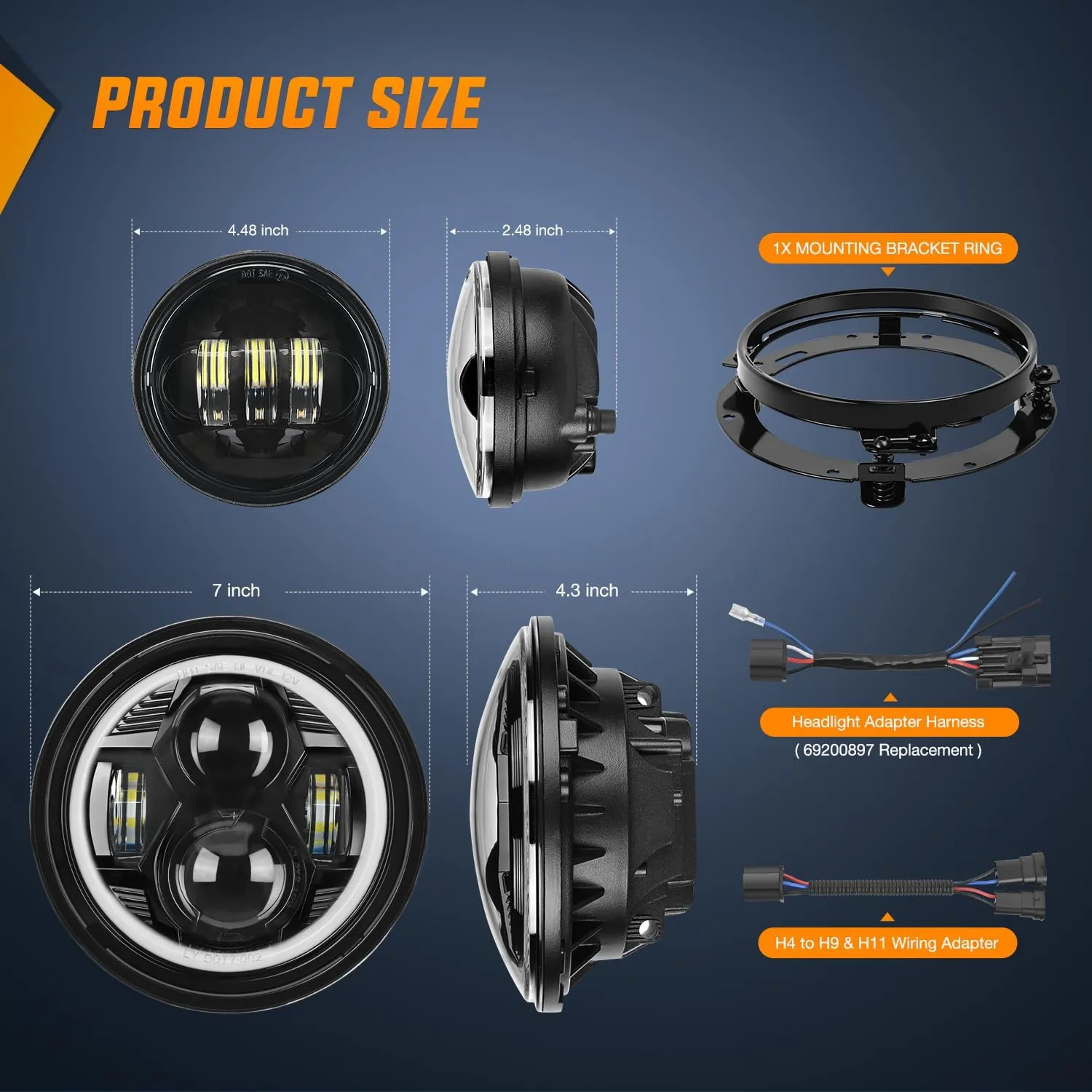 Motorcycle 7Inch DRL LED Headlights 4.5Inch Fog Lights Black Kits
