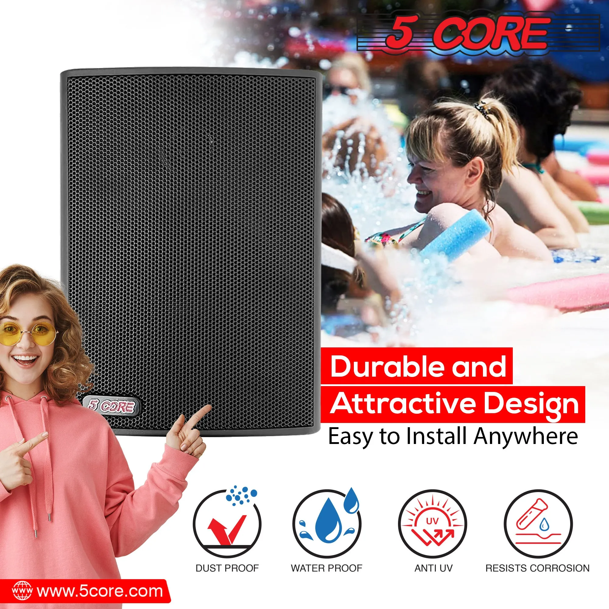 Outdoor Speaker Wired Waterproof Speaker Mounts Indoor Steel Easy Wall Patio Garage Home 2PCS 5 Core 13T BL Ratings (Black)