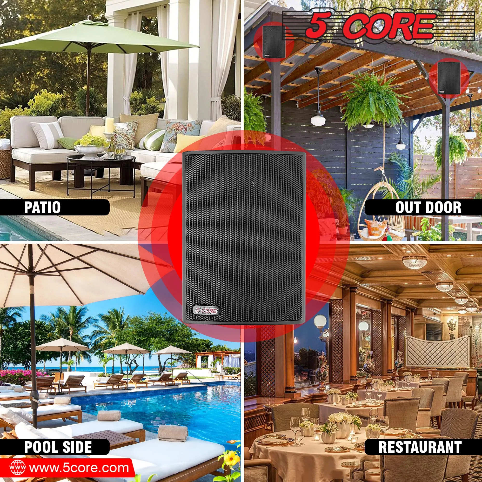 Outdoor Speaker Wired Waterproof Speaker Mounts Indoor Steel Easy Wall Patio Garage Home 2PCS 5 Core 13T BL Ratings (Black)