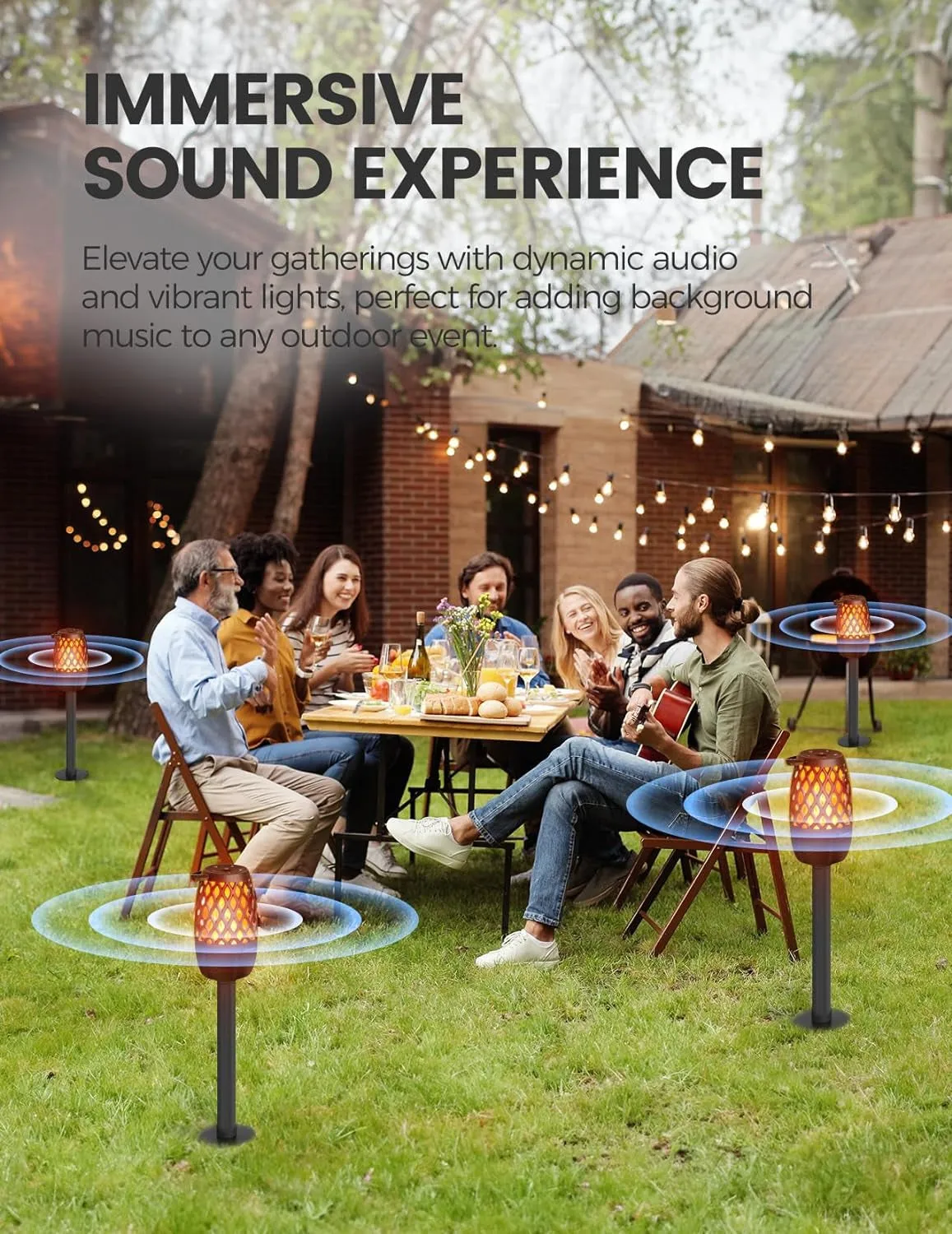 Outdoor Speakers Gift for Men Bluetooth Speaker with Lights Multi-Sync up to 100 Speakers Auto-Pairing HD Stereo Sound Cool Tech Gadgets for Him IPX5 Waterproof for Outside|Patio|Porch