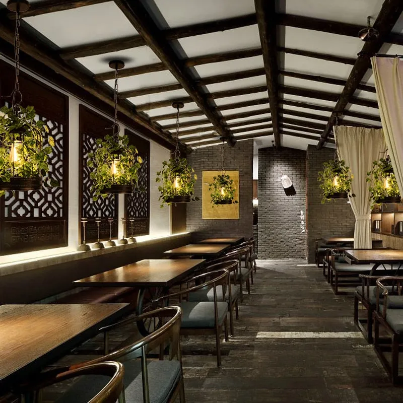 Plant chandelier net red music western restaurant coffee bar hot pot shop lighting creative cherry blossom green plant retro