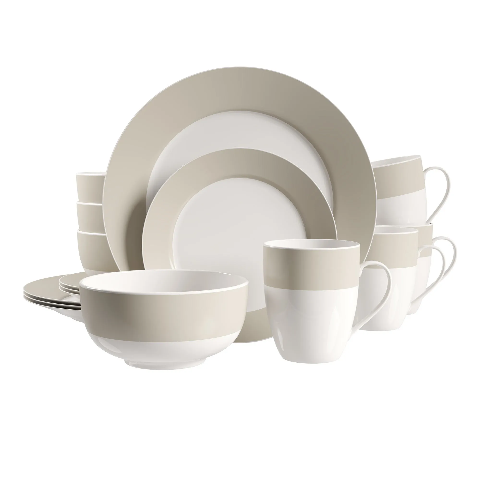Safdie & Co. Dinnerset 16PC Round Rim Taupe Band