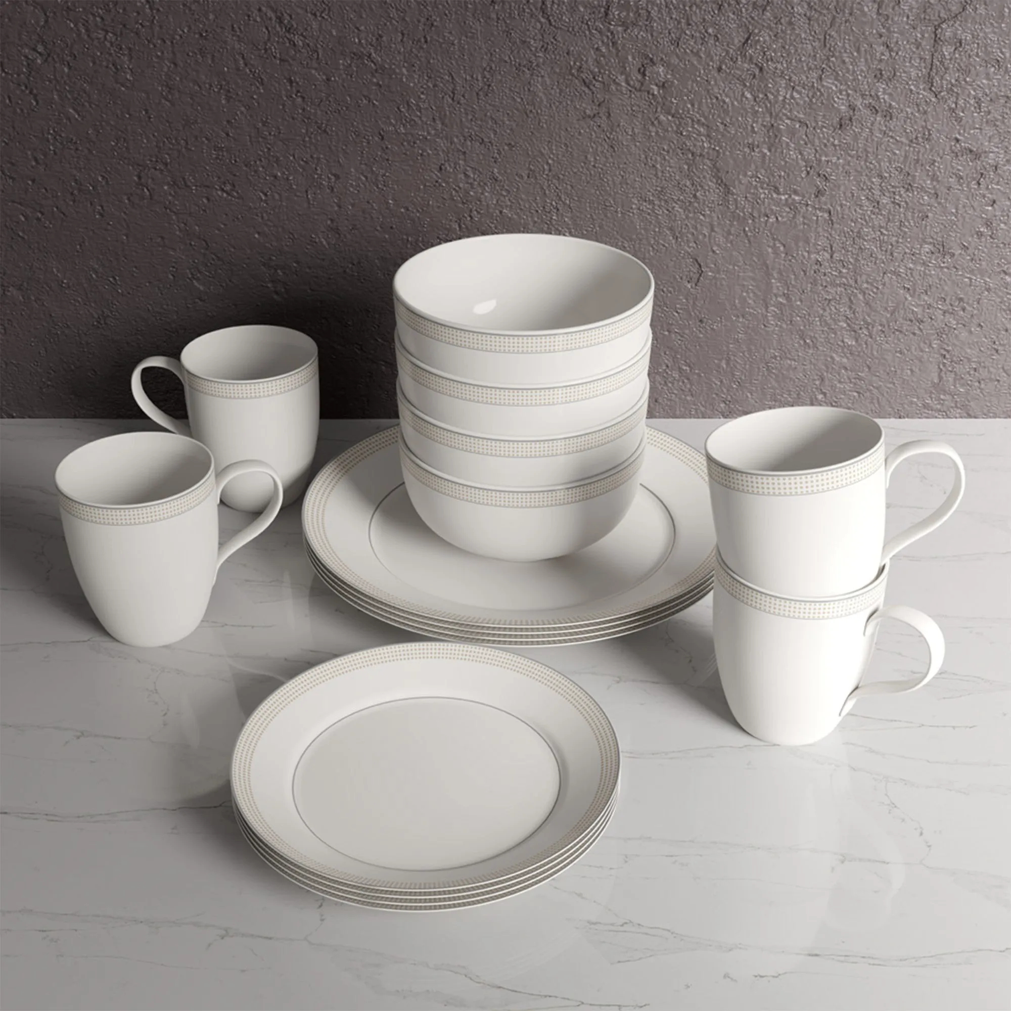 Safdie & Co. Dinnerset 16PC Round Rim Taupe Dot
