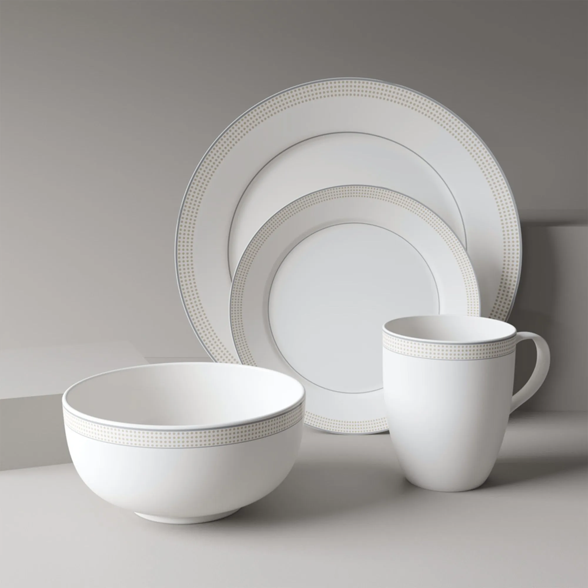 Safdie & Co. Dinnerset 16PC Round Rim Taupe Dot