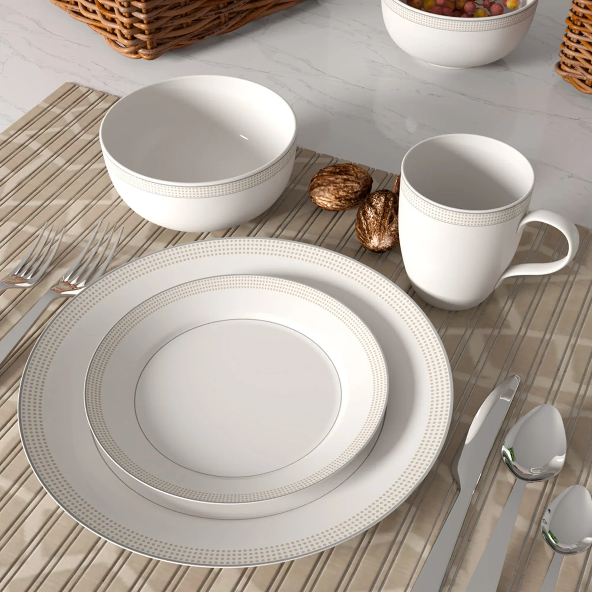 Safdie & Co. Dinnerset 16PC Round Rim Taupe Dot