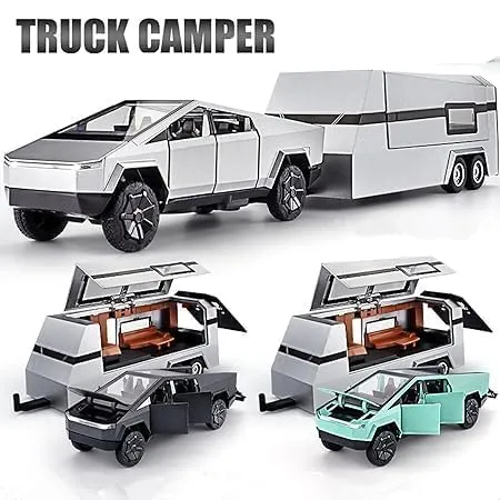 TESLA CYBER TRUCK PICK-UP TRAILER CAMPER 1:32 DIECAST METAL PULLBACK TOY CAR WITH OPENABLE DOORS & LIGHT, MUSIC BOYS CAR FOR KIDS BEST TOYS GIFTS TOYS FOR KIDS【 COLOR AS PER STOCK 】
