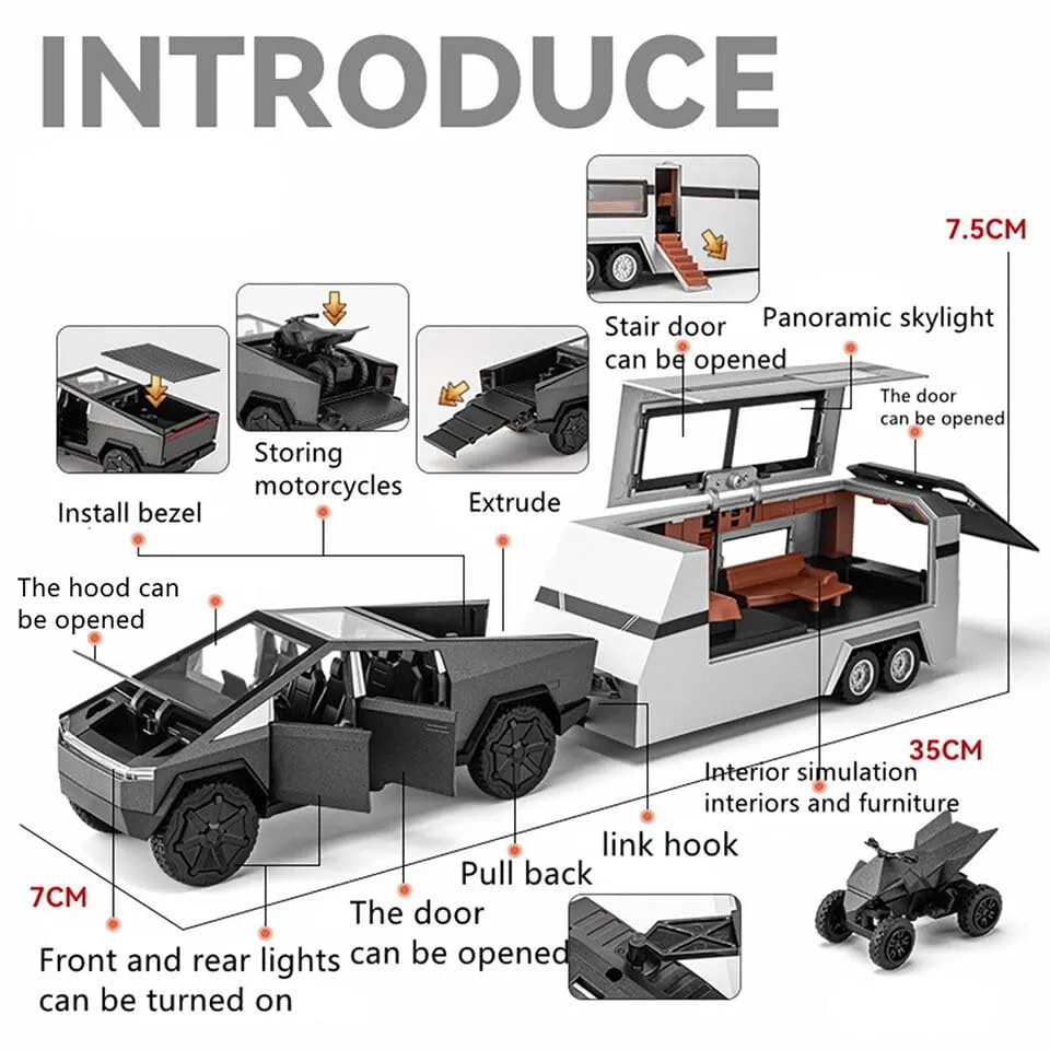TESLA CYBER TRUCK PICK-UP TRAILER CAMPER 1:32 DIECAST METAL PULLBACK TOY CAR WITH OPENABLE DOORS & LIGHT, MUSIC BOYS CAR FOR KIDS BEST TOYS GIFTS TOYS FOR KIDS【 COLOR AS PER STOCK 】