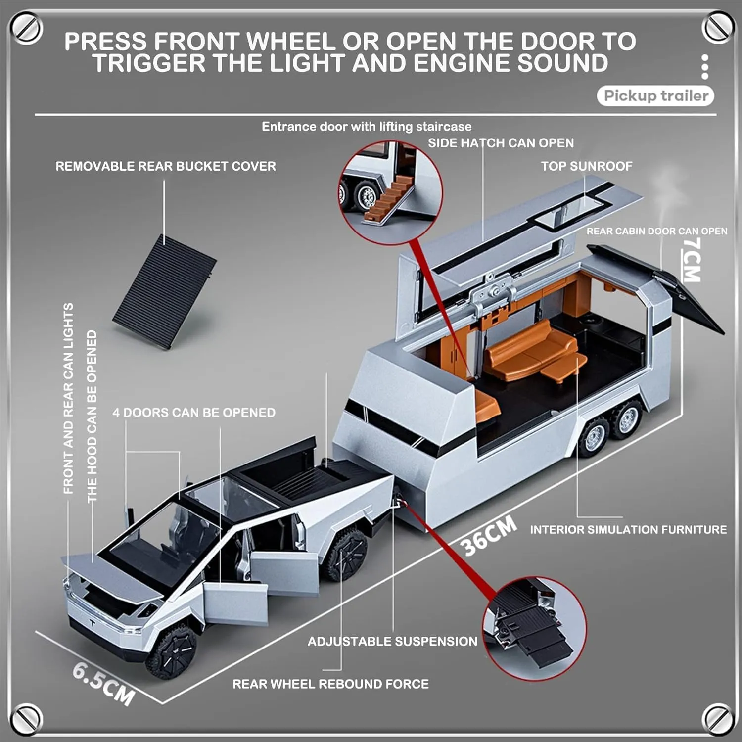 TESLA CYBER TRUCK PICK-UP TRAILER CAMPER 1:32 DIECAST METAL PULLBACK TOY CAR WITH OPENABLE DOORS & LIGHT, MUSIC BOYS CAR FOR KIDS BEST TOYS GIFTS TOYS FOR KIDS【 COLOR AS PER STOCK 】