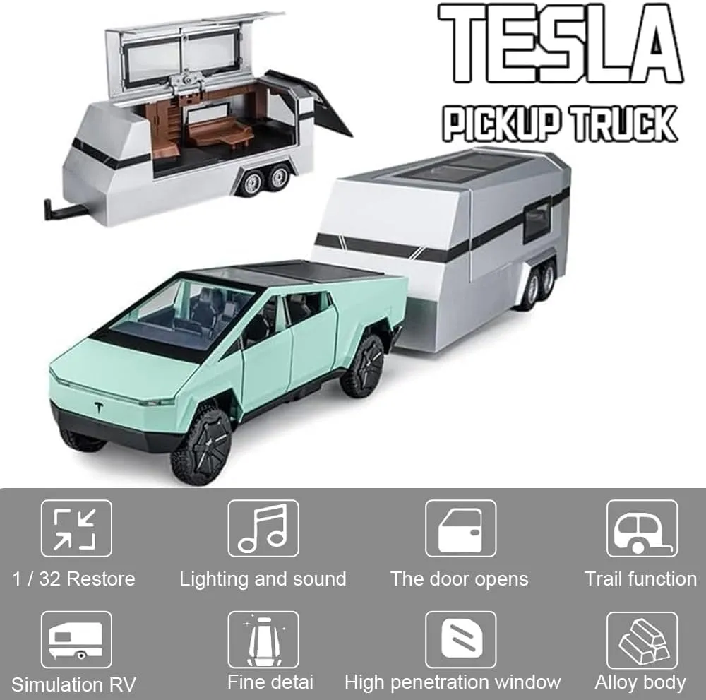 TESLA CYBER TRUCK PICK-UP TRAILER CAMPER 1:32 DIECAST METAL PULLBACK TOY CAR WITH OPENABLE DOORS & LIGHT, MUSIC BOYS CAR FOR KIDS BEST TOYS GIFTS TOYS FOR KIDS【 COLOR AS PER STOCK 】
