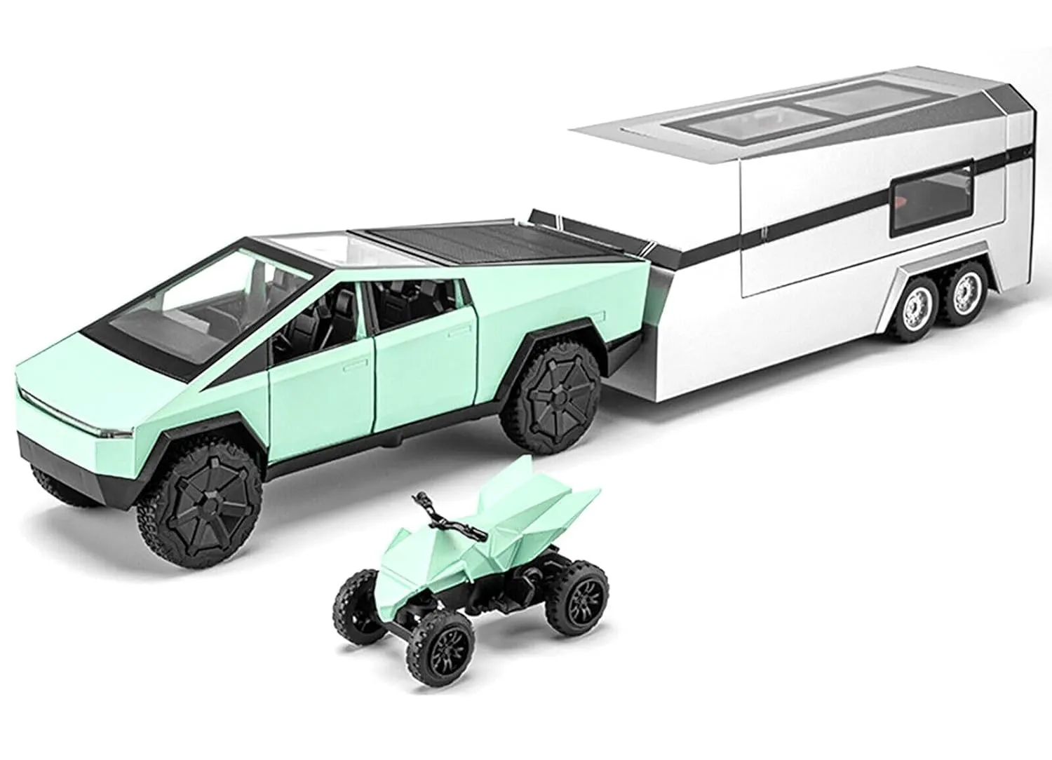 TESLA CYBER TRUCK PICK-UP TRAILER CAMPER 1:32 DIECAST METAL PULLBACK TOY CAR WITH OPENABLE DOORS & LIGHT, MUSIC BOYS CAR FOR KIDS BEST TOYS GIFTS TOYS FOR KIDS【 COLOR AS PER STOCK 】