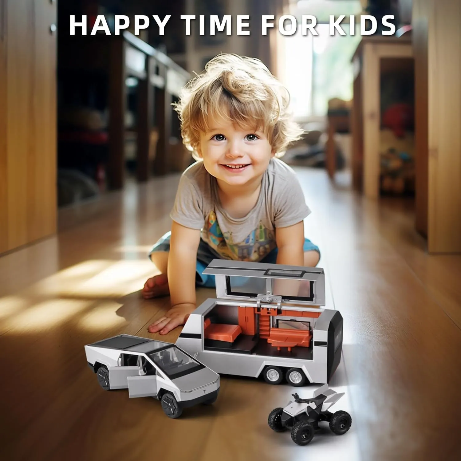 TESLA CYBER TRUCK PICK-UP TRAILER CAMPER 1:32 DIECAST METAL PULLBACK TOY CAR WITH OPENABLE DOORS & LIGHT, MUSIC BOYS CAR FOR KIDS BEST TOYS GIFTS TOYS FOR KIDS【 COLOR AS PER STOCK 】