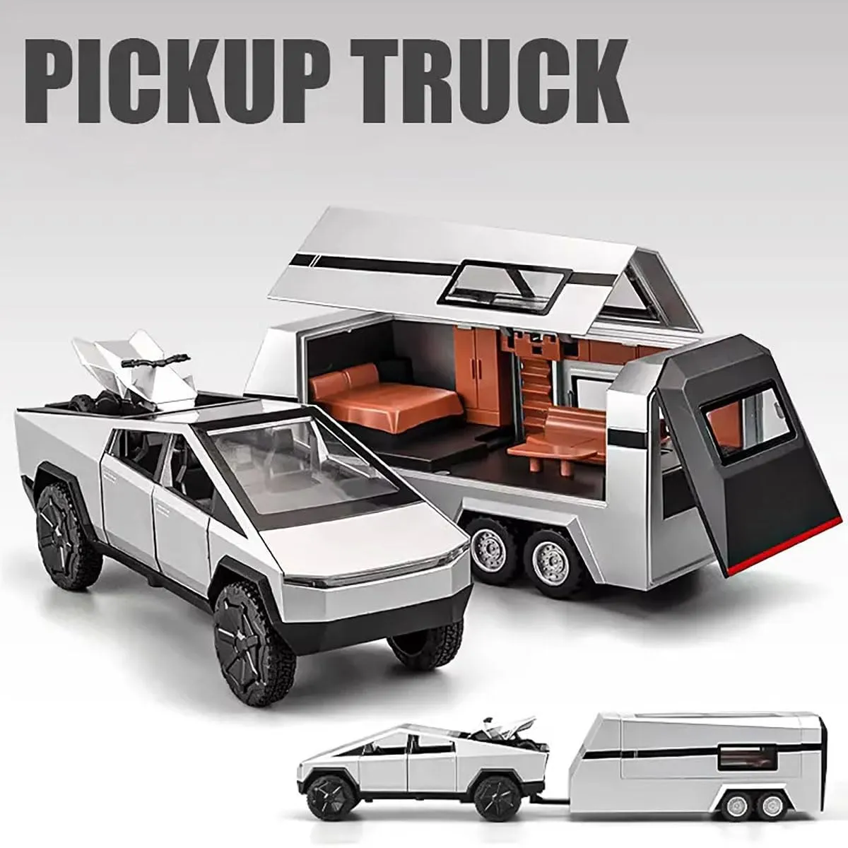 TESLA CYBER TRUCK PICK-UP TRAILER CAMPER 1:32 DIECAST METAL PULLBACK TOY CAR WITH OPENABLE DOORS & LIGHT, MUSIC BOYS CAR FOR KIDS BEST TOYS GIFTS TOYS FOR KIDS【 COLOR AS PER STOCK 】