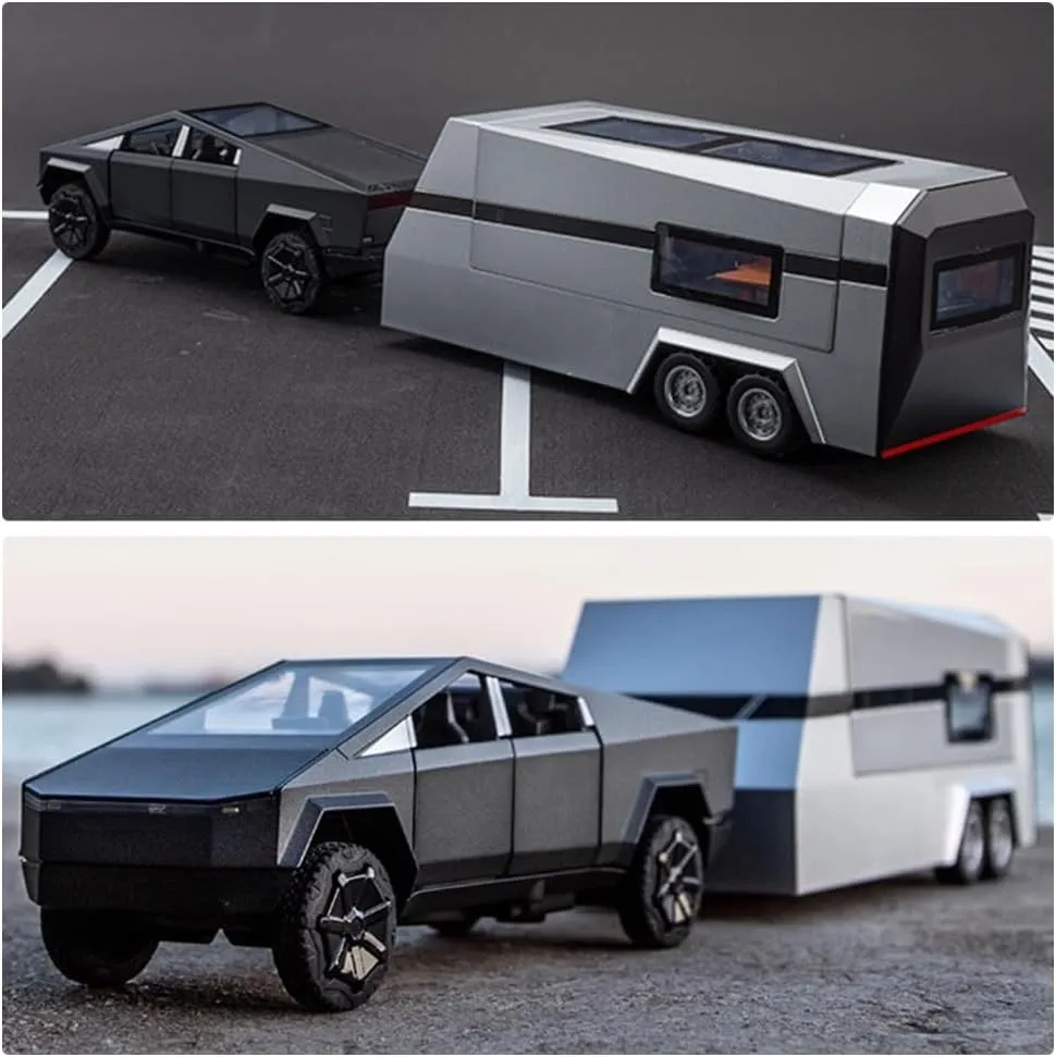 TESLA CYBER TRUCK PICK-UP TRAILER CAMPER 1:32 DIECAST METAL PULLBACK TOY CAR WITH OPENABLE DOORS & LIGHT, MUSIC BOYS CAR FOR KIDS BEST TOYS GIFTS TOYS FOR KIDS【 COLOR AS PER STOCK 】